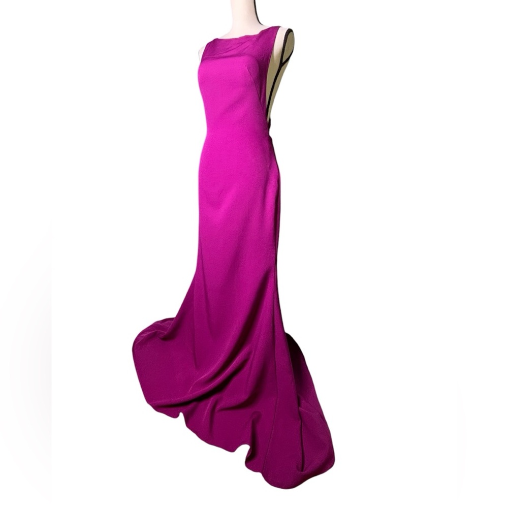 Hebeos Sheath/Column Stretch Crepe Sabrina neckline Brush Train Bridesmaid gown